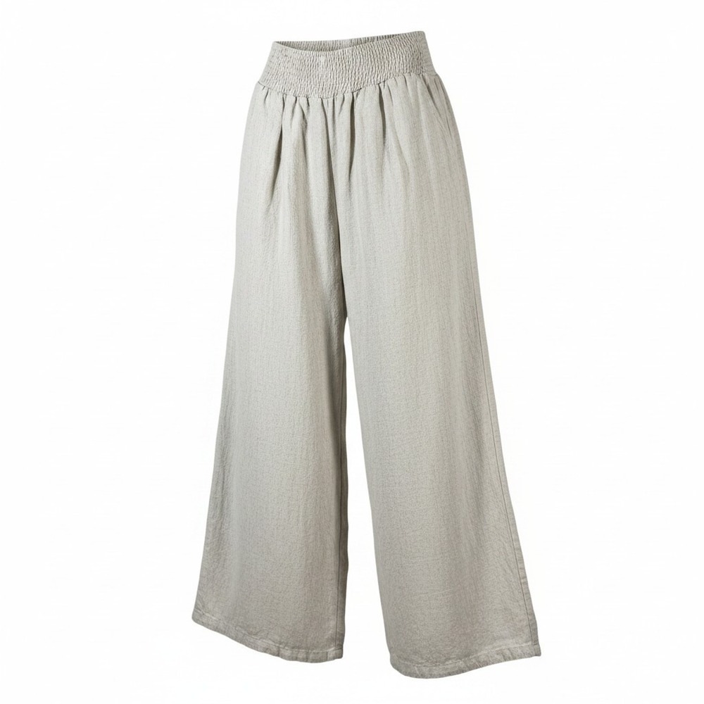 UEU Womens Beige Linen Blend Wide Leg Smocked High Waist Palazzo Pants Size M